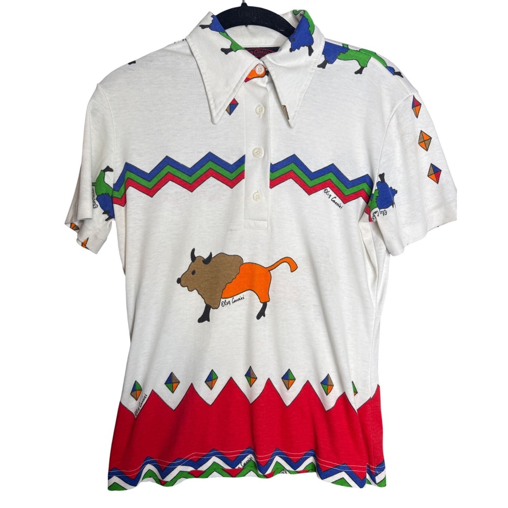 Vintage Oleg Cassini Munsingwear Buffalo Graphic Polo Shirt White Red Sz M L